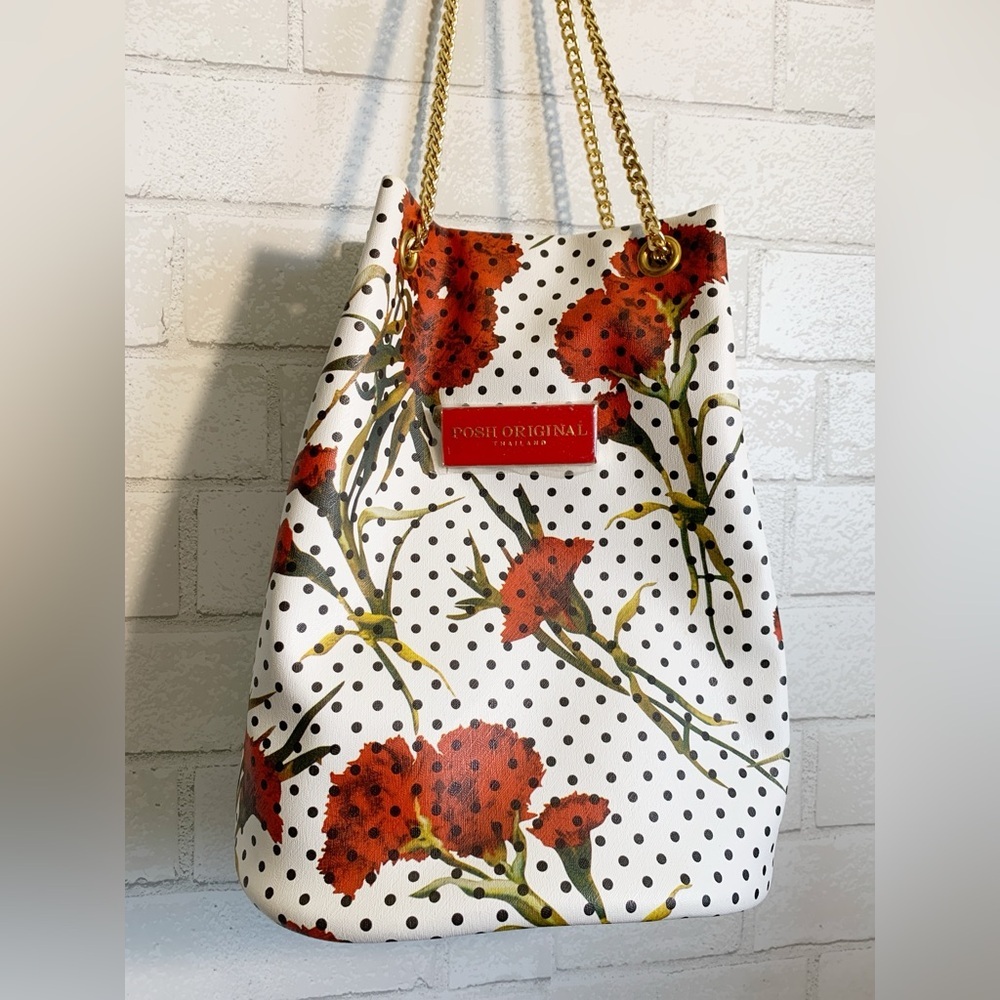 Stylish New Red Floral & Black Polka Dot Gold Chain Bucket Shoulder Bag - Picture 2 of 5
